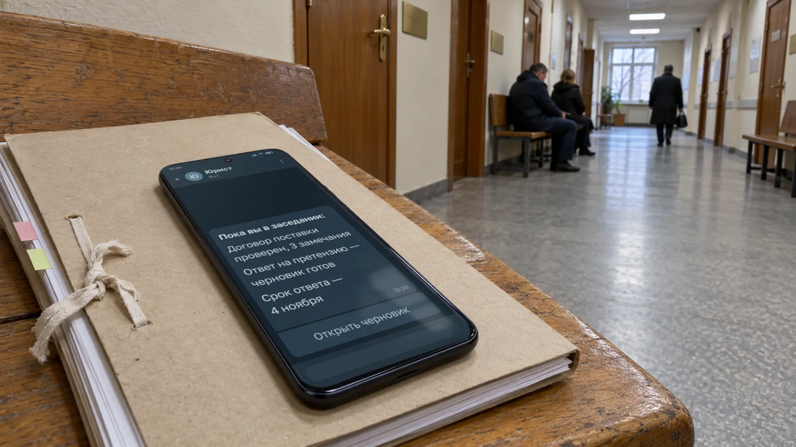 Коридор суда, на деревянной скамье лежит папка с делом, на ней телефон. В Telegram сообщение от агента «Юрист»: пока вы в заседании, договор поставки проверен, 3 замечания; ответ на претензию — черновик готов; срок ответа — 4 ноября. Под сообщением кнопка «Открыть черновик»