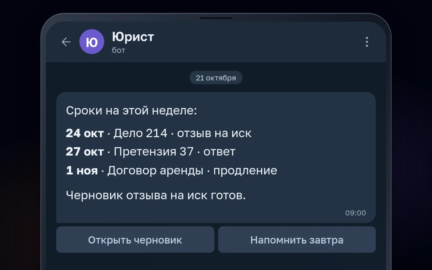 Сообщение агента «Юрист» в Telegram 21 октября в 09:00: сроки на этой неделе — 24 октября отзыв на иск по делу 214, 27 октября ответ на претензию 37, 1 ноября продление договора аренды; черновик отзыва на иск готов. Кнопки «Открыть черновик» и «Напомнить завтра». Пример